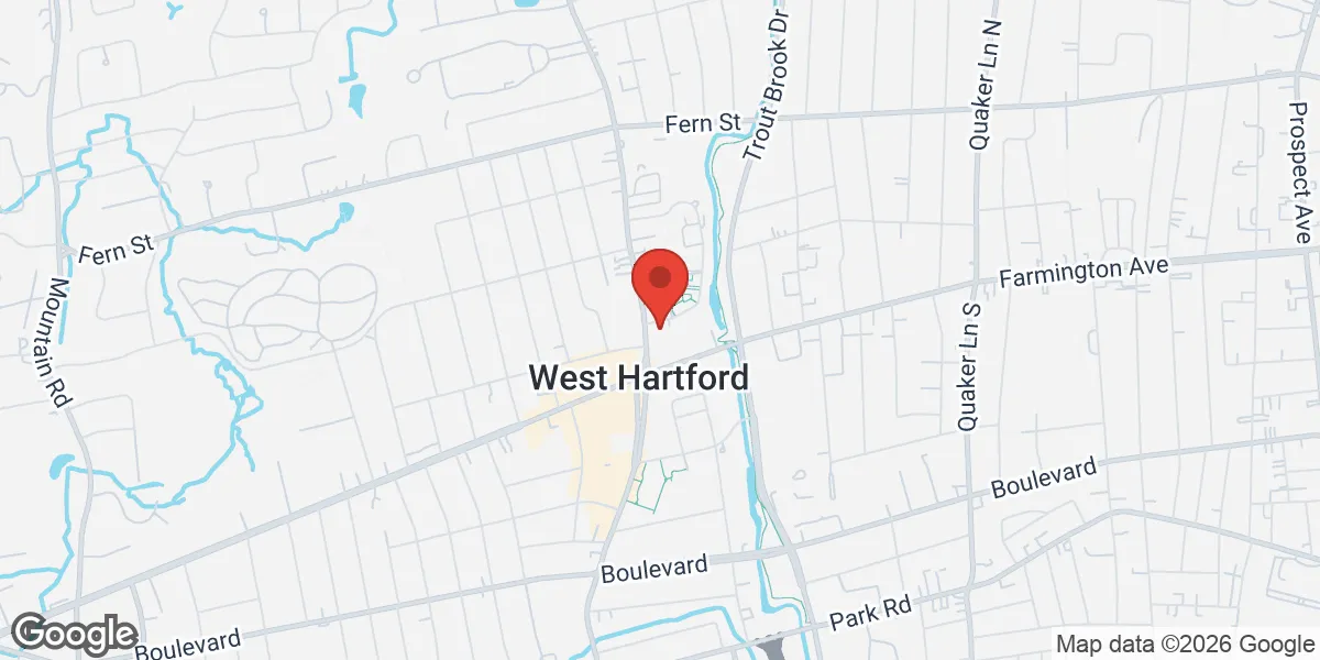 Map showing Gameday Men's Health West Hartford TRT, Peptide, and ED Clinic location